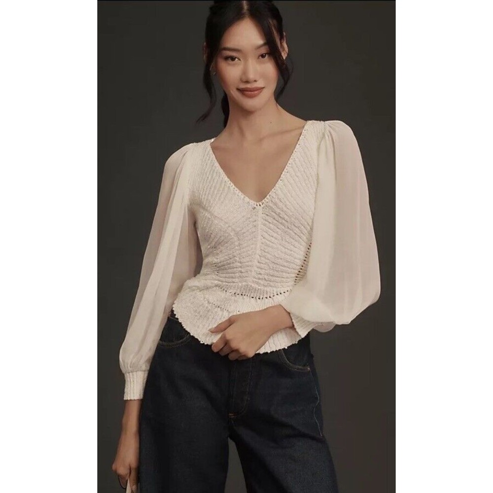 Anthropologie Sheer Long-Sleeve V-Neck Sweater‎ Size Medium